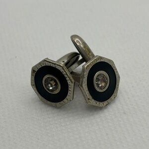 Edwardian, Octagonal, Silver Plate with Rhinestone Men's Cuff Links, Circa 1900S